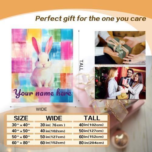 Personalized White Bunny Blanket: Rainbow Patchwork Microfiber Throw, Rabbit, Super Soft Name Gift - Dream Dragons