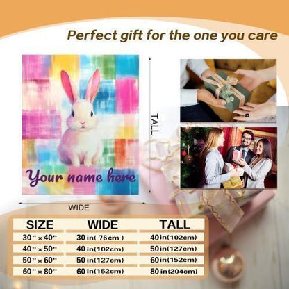 Personalized White Bunny Blanket: Rainbow Patchwork Microfiber Throw, Rabbit, Super Soft Name Gift - Dream Dragons