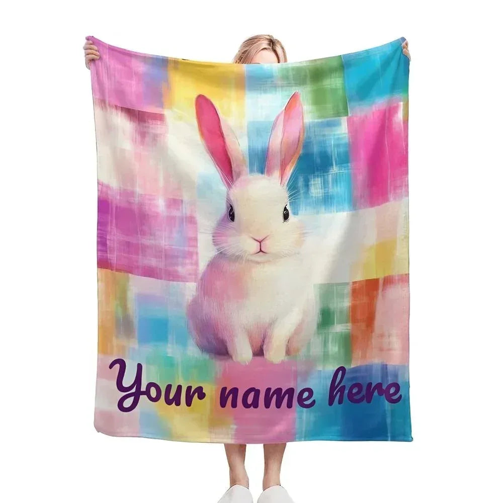 Personalized White Bunny Blanket: Rainbow Patchwork Microfiber Throw, Rabbit, Super Soft Name Gift - Dream Dragons