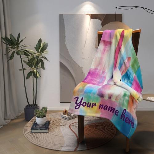 Personalized White Bunny Blanket: Rainbow Patchwork Microfiber Throw, Rabbit, Super Soft Name Gift - Dream Dragons