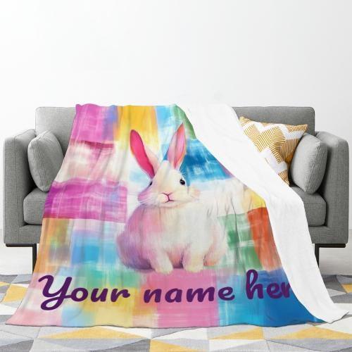Personalized White Bunny Blanket: Rainbow Patchwork Microfiber Throw, Rabbit, Super Soft Name Gift - Dream Dragons
