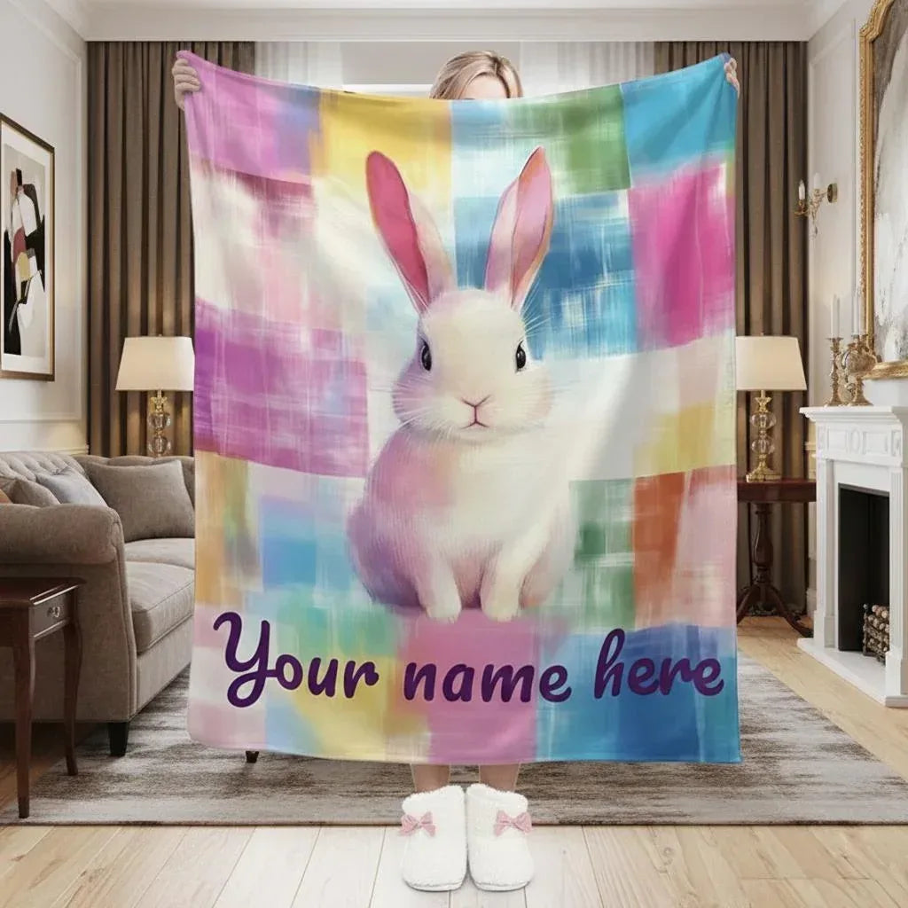 Personalized White Bunny Blanket: Rainbow Patchwork Microfiber Throw, Rabbit, Super Soft Name Gift - Dream Dragons