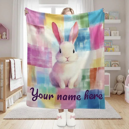 Personalized White Bunny Blanket: Rainbow Patchwork Microfiber Throw, Rabbit, Super Soft Name Gift - Dream Dragons