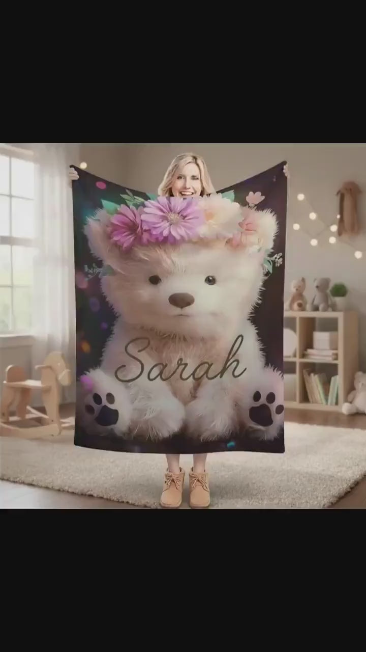 Personalized Teddy Bear Plush Blanket: Floral Crown, Soft Flannel Fleece Throw, Custom Name Gift