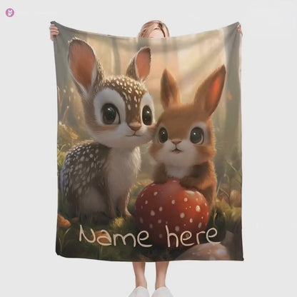 Personalized Bunny & Deer Snuggle Blanket: Soft Flannel Fleece Throw, Name Gift