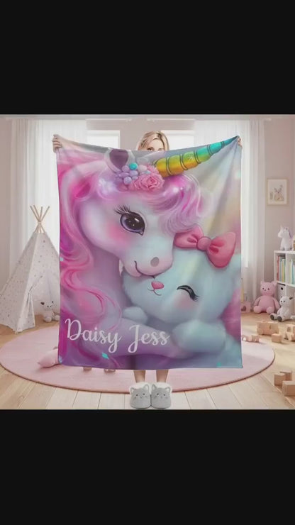 Personalized Unicorn & Kitty Plush Blanket, Custom Name Soft Flannel Fleece Throw
