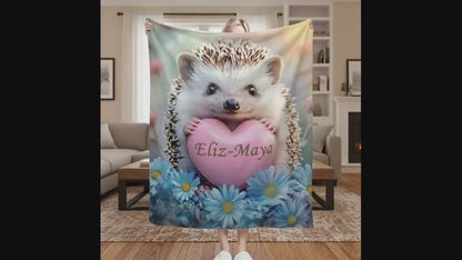 Personalized Hedgehog Love Heart Blanket: Romantic Flannel Fleece Throw, Super Soft Name Gift