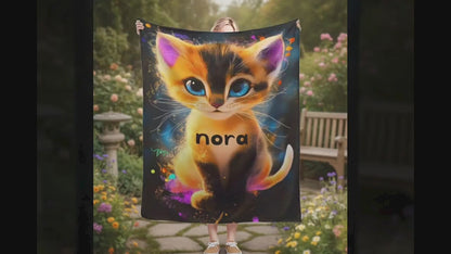 Personalized Starry-Eyed Kitten Blanket: Soft Flannel Fleece Cat Throw, Meow, Name Gift