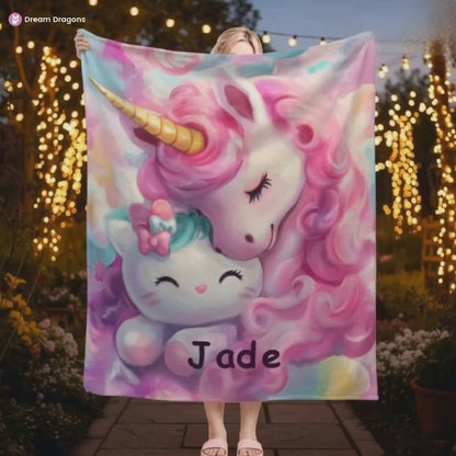 Personalized Unicorn Hello Kitty Fleece Blanket: Custom Name Throw