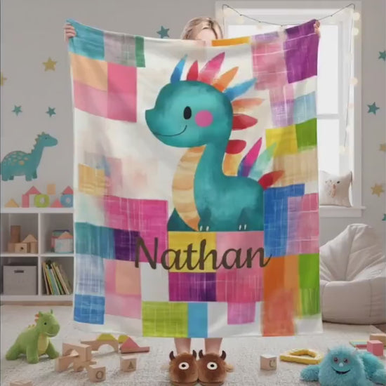 Personalized Dinosaur Blanket: Friendly Dragon Dino Patchwork Flannel Fleece Throw, Super Soft Name Gift