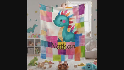 Personalized Dinosaur Blanket: Friendly Dragon Dino Patchwork Flannel Fleece Throw, Super Soft Name Gift