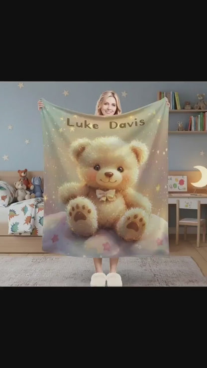 Personalized Teddy Bear Plush Blanket, Snuggly Throw, Soft Flannel Fleece, Super Soft Name Gift