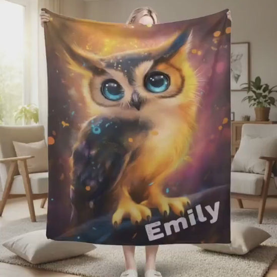 Personalized Cosmic Owl Spirit Animal Blanket, Mystical Ethereal Custom Name, Whimsical New Age Totem