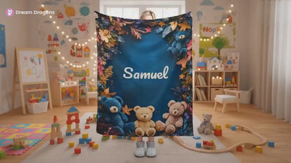 Personalized Teddy Bear Plush Blanket: Soft Flannel Fleece, Autumn Leaves, Custom Name Gift
