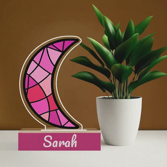 Personalized Pink Stained Glass Crescent Moon Night Light - Wooden Base