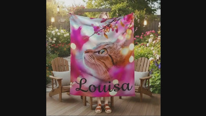 Personalized Cat Fleece Blanket: Pink Floral Kitty Design, Soft Custom Name Gift