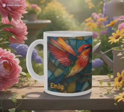 Personalized Stained Glass Hummingbird Coffee Mug: Bohemian Ceramic Tea Cup - Gift with Name