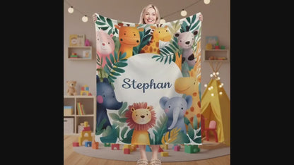 Personalized Safari Animal Blanket: Jungle Lion Elephant Giraffe Flannel Fleece Throw, Soft Name Gift