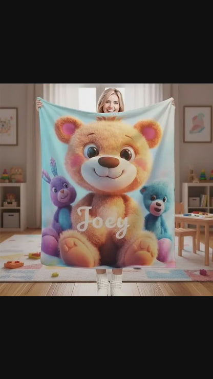 Personalized Teddy Bear Plush Blanket: Fluffy Cosy Throw, Soft Flannel Fleece Name Gift
