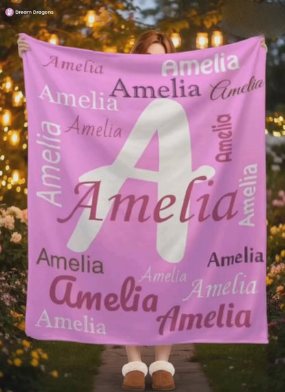 Your Letter and Name - Personalized Name Blanket: Pink & White Flannel Fleece Throw