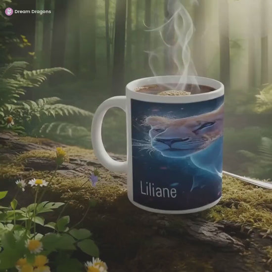 Personalized Custom Name Coffee Mug | Lion Hot Chocolate Gift | Nebula Predator Cat Tea Cup