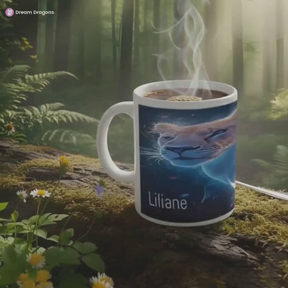 Personalized Custom Name Coffee Mug | Lion Hot Chocolate Gift | Nebula Predator Cat Tea Cup