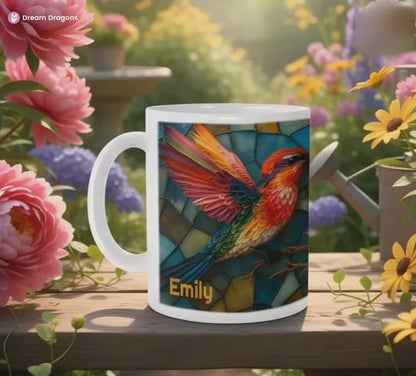Personalized Stained Glass Hummingbird Coffee Mug: Bohemian Ceramic Tea Cup - Gift with Name