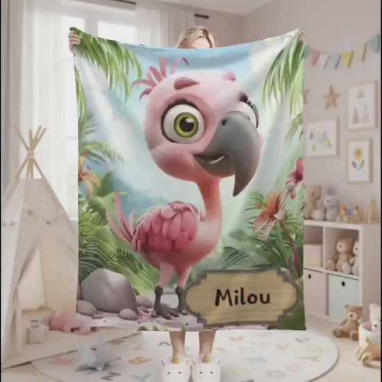 Personalized Flamingo Blanket, Cartoon Bird: Super Soft Name Gift, Pink and Green Bedroom Throw