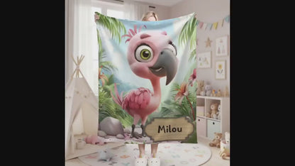 Personalized Flamingo Blanket, Cartoon Bird: Super Soft Name Gift, Pink and Green Bedroom Throw