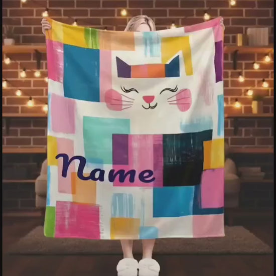 Personalized Cat Blanket: Warm, Playful Kitten Patchwork Fleece Throw, Meow, Super Soft Name Gift