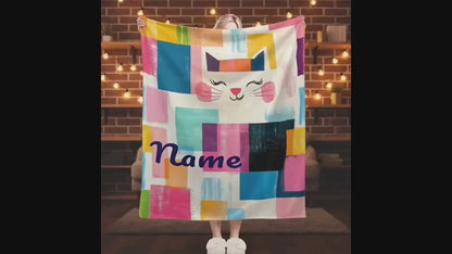 Personalized Cat Blanket: Warm, Playful Kitten Patchwork Fleece Throw, Meow, Super Soft Name Gift