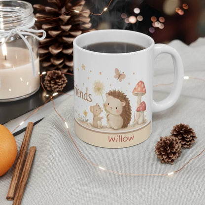 Little Friends Mug, Cute Woodland Animals Personalized Name Chocolate, Coffee Mug, Tea Cup — 11oz Mug