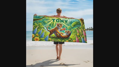 Personalized Jungle Tiger Beach Towel: Custom Name Microfiber Swimming Pool Towel
