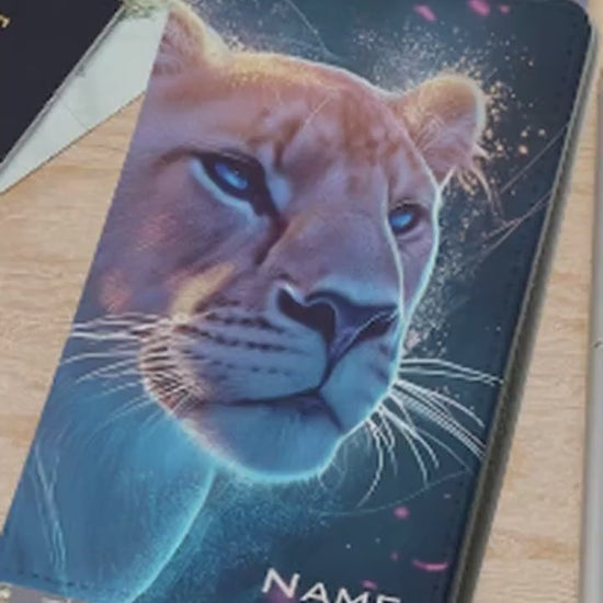 Custom name lion passport holder, cosmic galaxy design travel accessory.