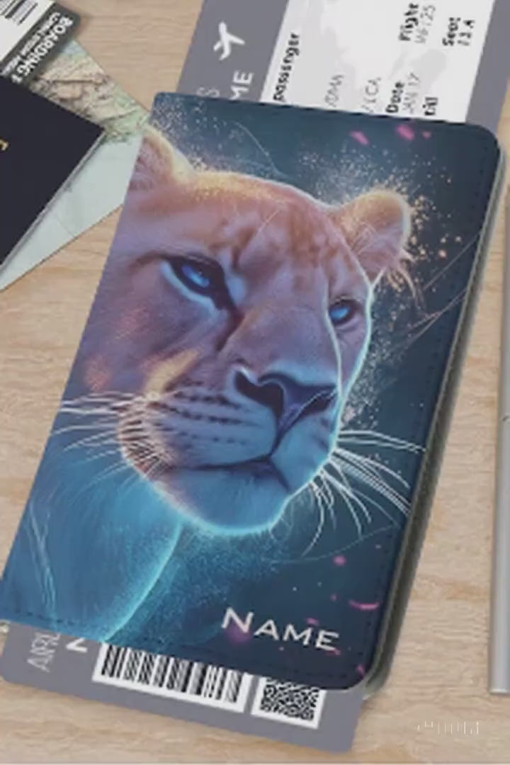 Custom name lion passport holder, cosmic galaxy design travel accessory.