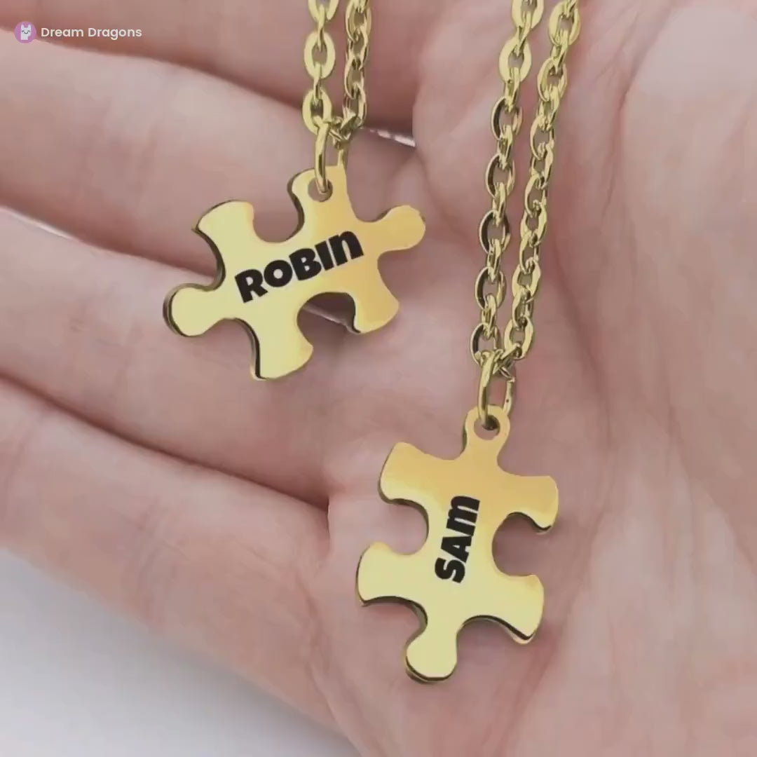 Engraved Puzzle Piece Necklace Set: Stainless Steel Matching Pendants