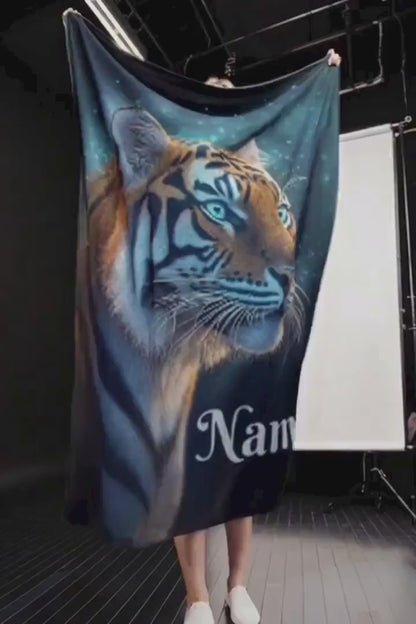 Personalized Tiger Blanket: Starry Night Jungle Throw, Soft Flannel Fleece Name Gift