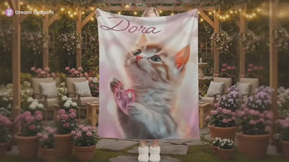 Personalized Kitten Blanket: Whimsical Heart Flannel Fleece Throw, Pink Kitty Cat Lover Gift
