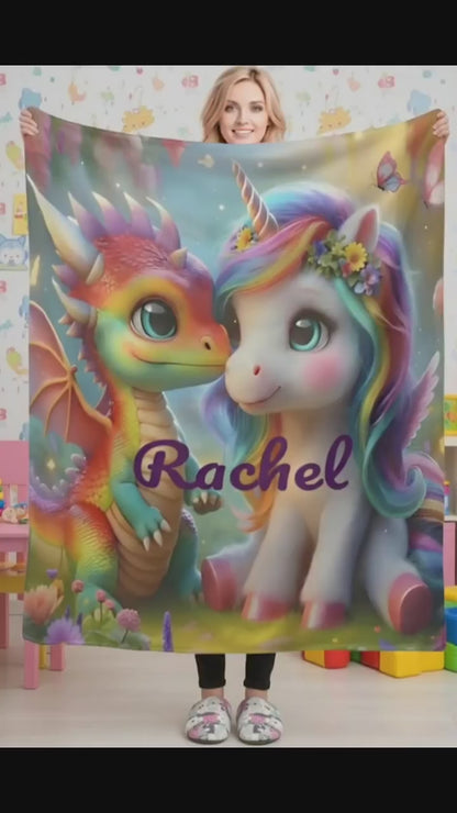 Personalized Unicorn & Dragon Blanket: Magical Fantasy Flannel Fleece Throw, Super Soft Kids Gift