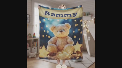 Personalized Teddy Bear Plush Blanket: Dreamy Stars, Flannel Fleece Throw, Super Soft Name Gift