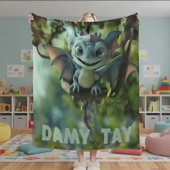 Personalized Dragon Blanket: Flannel Fleece Dino Fantasy Nursery Kids Gift