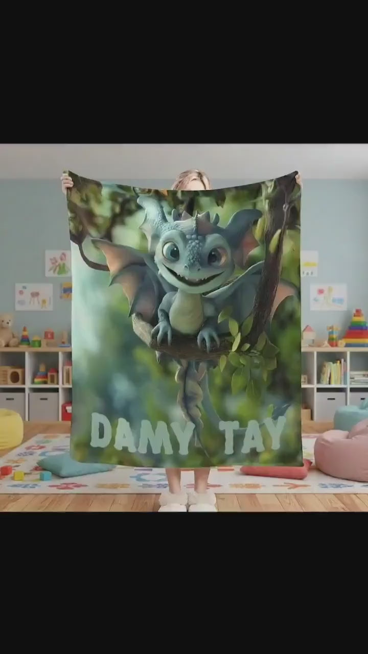 Personalized Dragon Blanket: Flannel Fleece Dino Fantasy Nursery Kids Gift