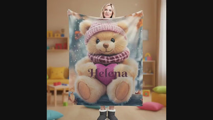 Personalized Snow Teddy Bear Plush Blanket: Flannel Fleece Snuggle Throw, Super Soft Name Gift
