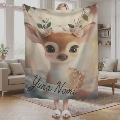 Personalized Whimsical Forest Deer Blanket, Ethereal Nature Spirit Decor, Custom Name Floral Throw